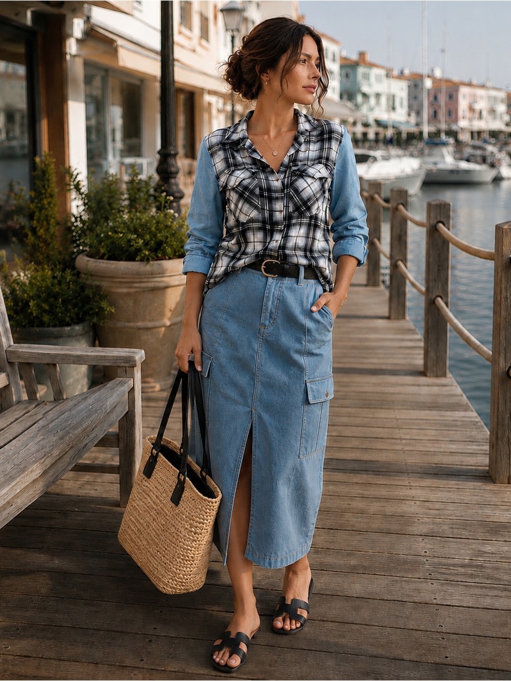 Mixed Media Plaid Chambray Button Down Shirt | Boho Western Coastal Utility Top